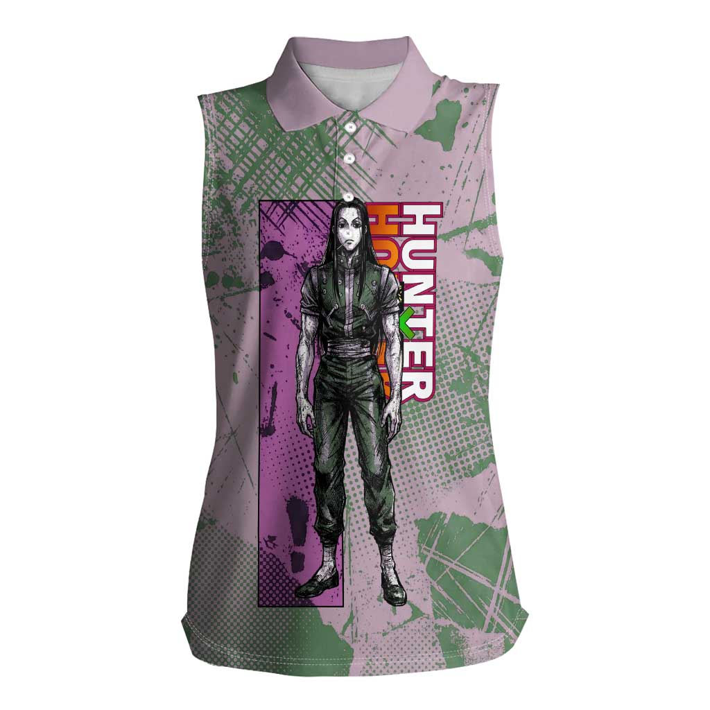 Alluka Zoldyck Theme Purple and Green Paint Splatter Design Women Sleeveless Polo Shirt with Nen Ability Artwork and Character Card Style - The Mazicc