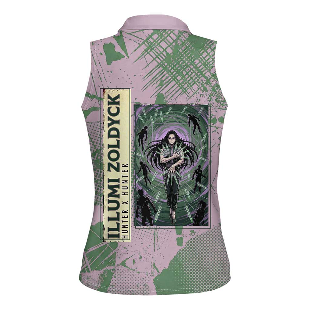 Alluka Zoldyck Theme Purple and Green Paint Splatter Design Women Sleeveless Polo Shirt with Nen Ability Artwork and Character Card Style - The Mazicc