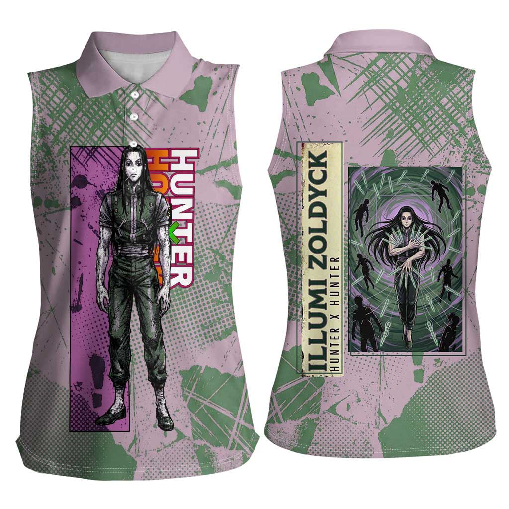 Alluka Zoldyck Theme Purple and Green Paint Splatter Design Women Sleeveless Polo Shirt with Nen Ability Artwork and Character Card Style - The Mazicc