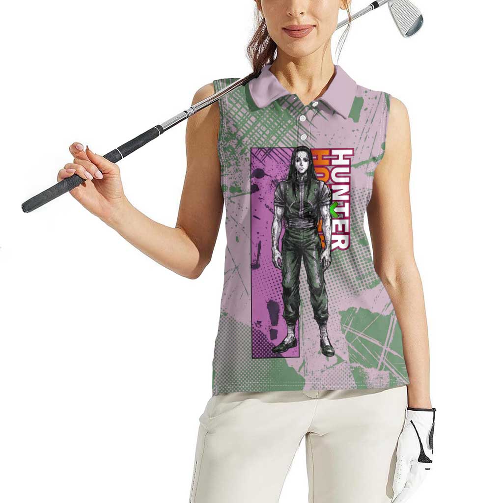 Alluka Zoldyck Theme Purple and Green Paint Splatter Design Women Sleeveless Polo Shirt with Nen Ability Artwork and Character Card Style - The Mazicc