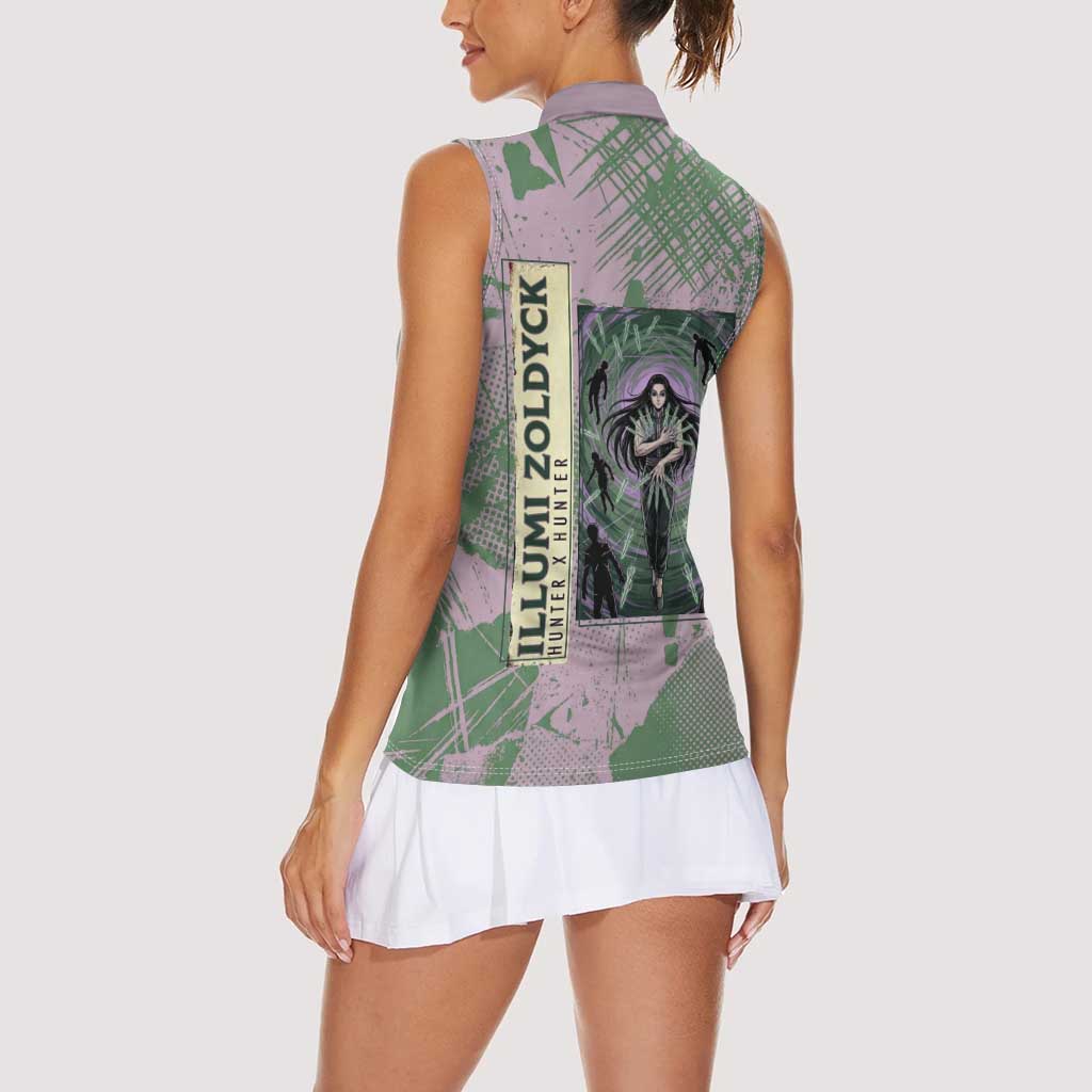Alluka Zoldyck Theme Purple and Green Paint Splatter Design Women Sleeveless Polo Shirt with Nen Ability Artwork and Character Card Style - The Mazicc