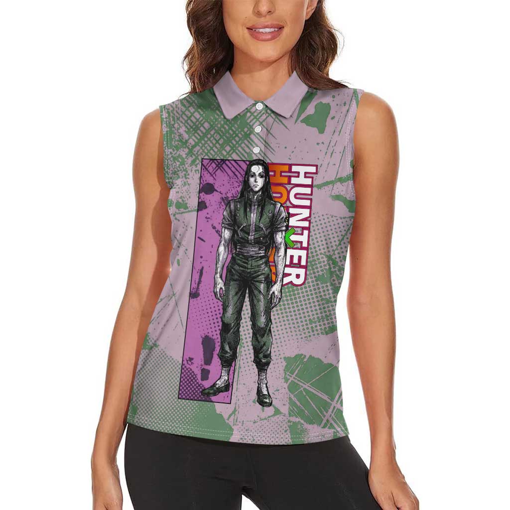 Alluka Zoldyck Theme Purple and Green Paint Splatter Design Women Sleeveless Polo Shirt with Nen Ability Artwork and Character Card Style - The Mazicc