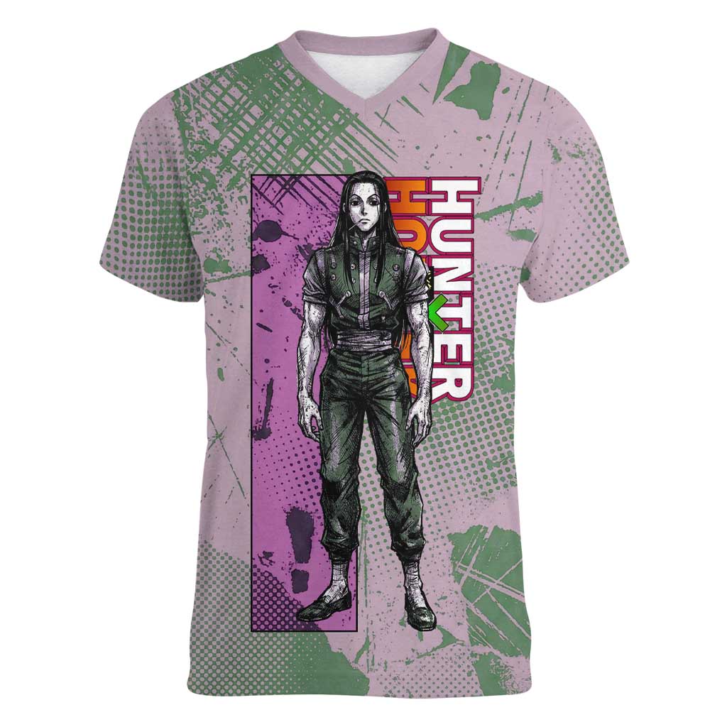 Alluka Zoldyck Theme Purple and Green Paint Splatter Design Women V-Neck T-Shirt with Nen Ability Artwork and Character Card Style - The Mazicc