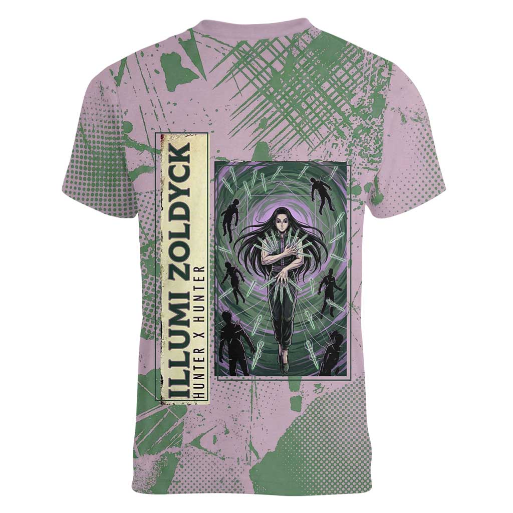 Alluka Zoldyck Theme Purple and Green Paint Splatter Design Women V-Neck T-Shirt with Nen Ability Artwork and Character Card Style - The Mazicc