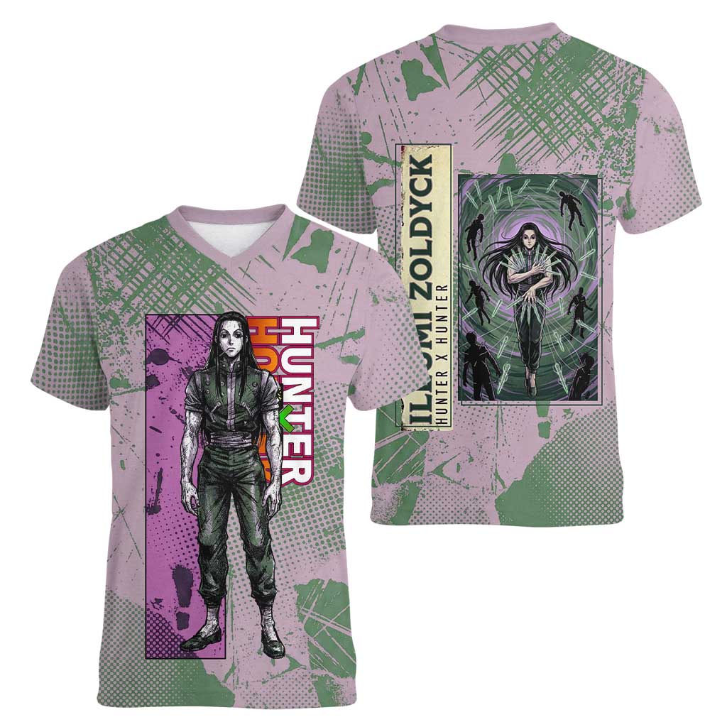 Alluka Zoldyck Theme Purple and Green Paint Splatter Design Women V-Neck T-Shirt with Nen Ability Artwork and Character Card Style - The Mazicc