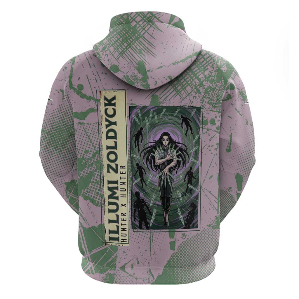 Alluka Zoldyck Theme Purple and Green Paint Splatter Design Zip Hoodie with Nen Ability Artwork and Character Card Style - The Mazicc