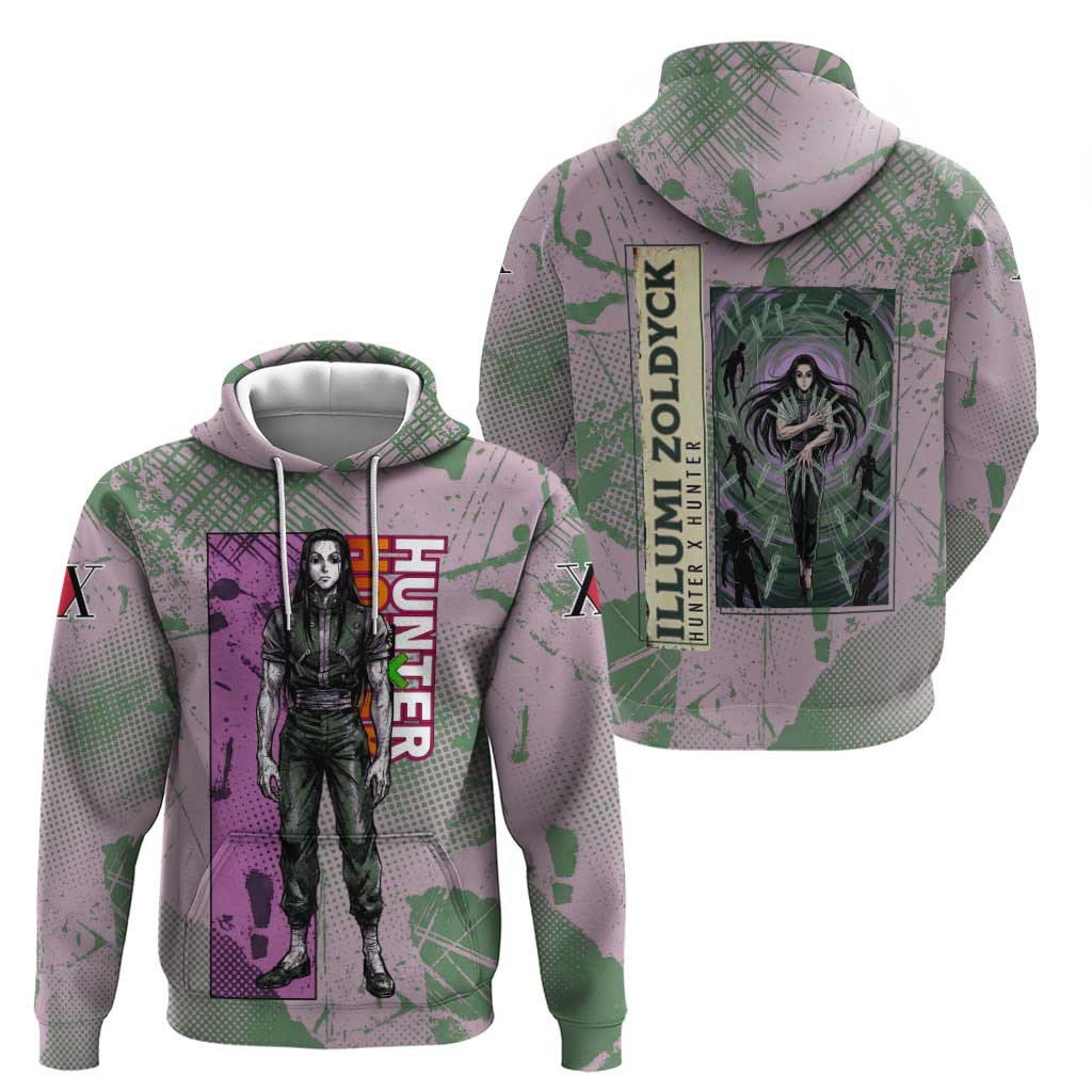 Alluka Zoldyck Theme Purple and Green Paint Splatter Design Zip Hoodie with Nen Ability Artwork and Character Card Style - The Mazicc