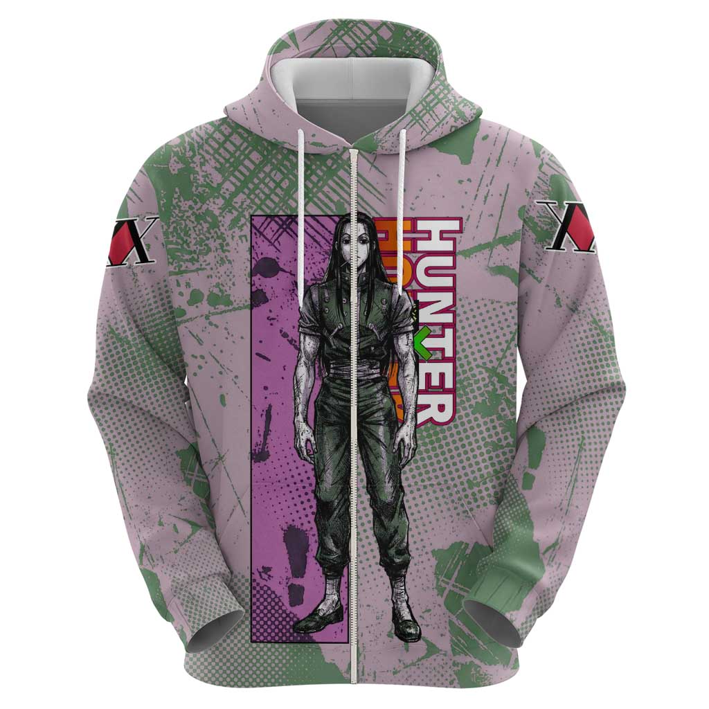 Alluka Zoldyck Theme Purple and Green Paint Splatter Design Zip Hoodie with Nen Ability Artwork and Character Card Style - The Mazicc