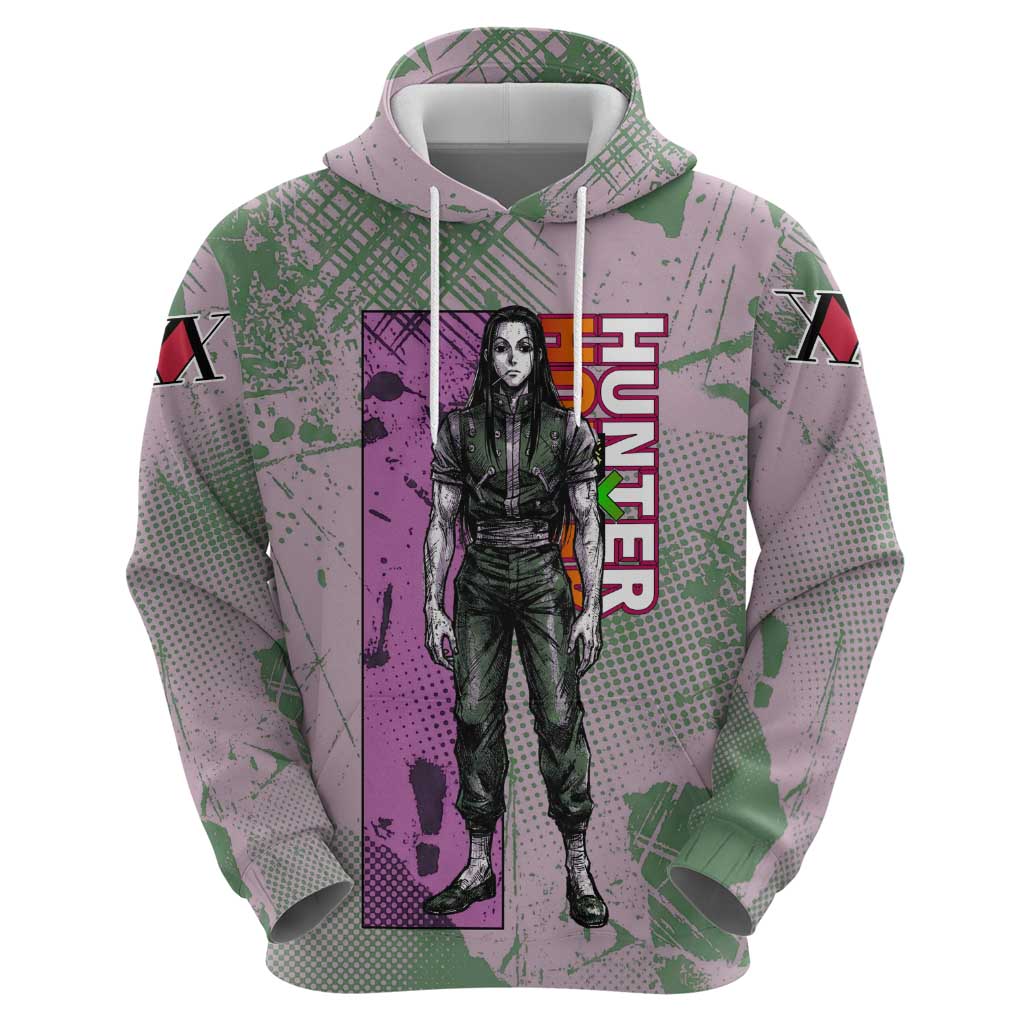 Alluka Zoldyck Theme Purple and Green Paint Splatter Design Zip Hoodie with Nen Ability Artwork and Character Card Style - The Mazicc