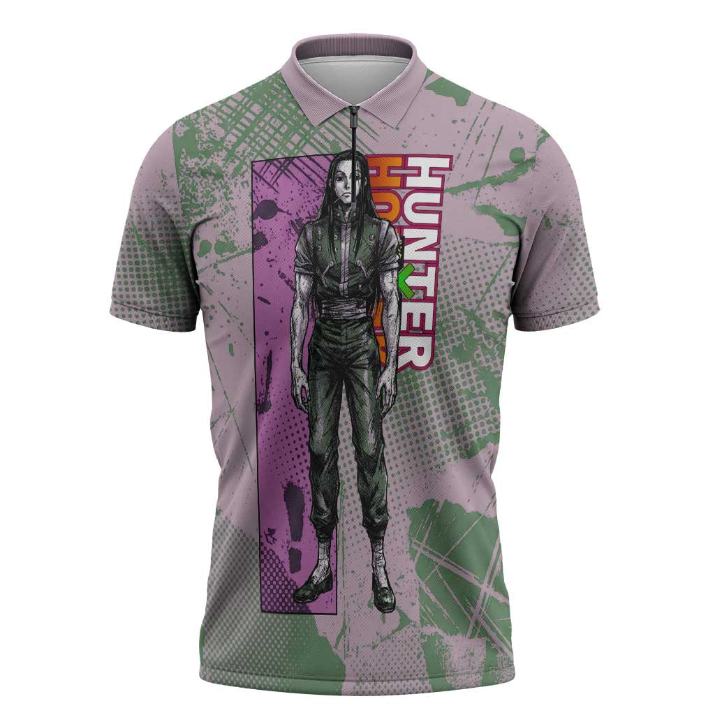 Alluka Zoldyck Theme Purple and Green Paint Splatter Design Zipper Polo Shirt with Nen Ability Artwork and Character Card Style - The Mazicc