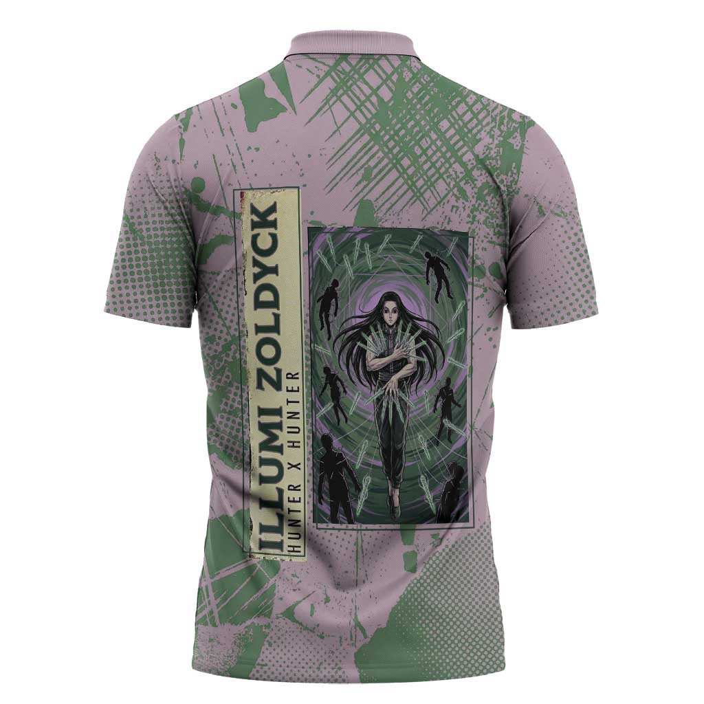 Alluka Zoldyck Theme Purple and Green Paint Splatter Design Zipper Polo Shirt with Nen Ability Artwork and Character Card Style - The Mazicc