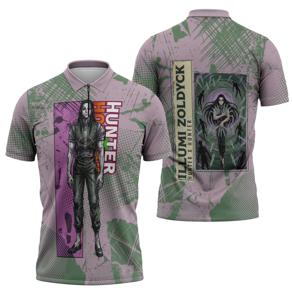 Alluka Zoldyck Theme Purple and Green Paint Splatter Design Zipper Polo Shirt with Nen Ability Artwork and Character Card Style - The Mazicc