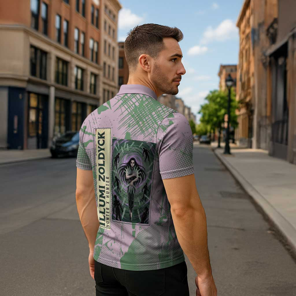 Alluka Zoldyck Theme Purple and Green Paint Splatter Design Zipper Polo Shirt with Nen Ability Artwork and Character Card Style - The Mazicc