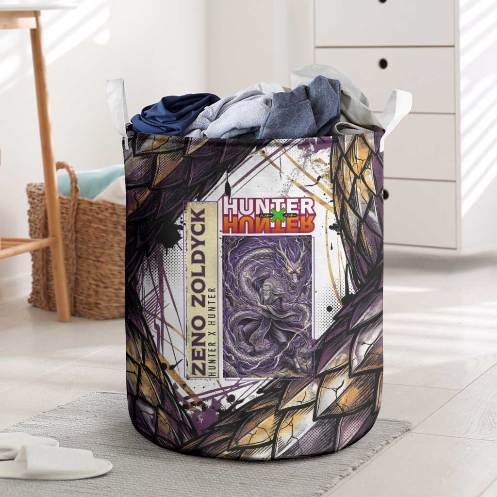 Zeno Zoldyck Theme White and Purple Dragon Aura Design Laundry Basket with Dark Energy Card Artwork - The Mazicc