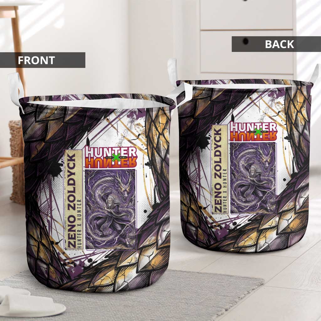 Zeno Zoldyck Theme White and Purple Dragon Aura Design Laundry Basket with Dark Energy Card Artwork - The Mazicc