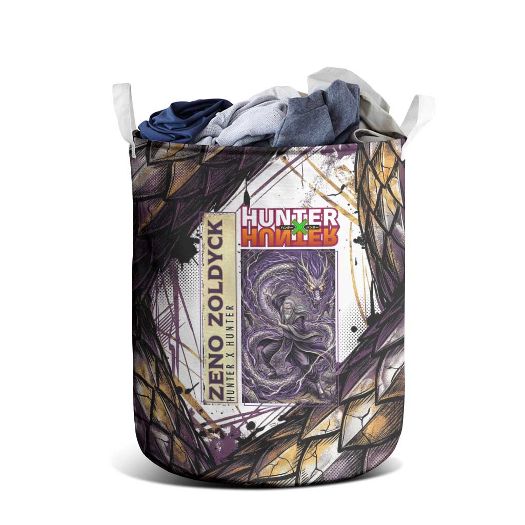 Zeno Zoldyck Theme White and Purple Dragon Aura Design Laundry Basket with Dark Energy Card Artwork - The Mazicc