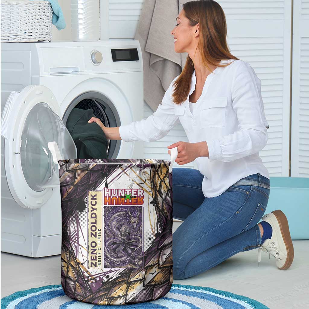 Zeno Zoldyck Theme White and Purple Dragon Aura Design Laundry Basket with Dark Energy Card Artwork - The Mazicc