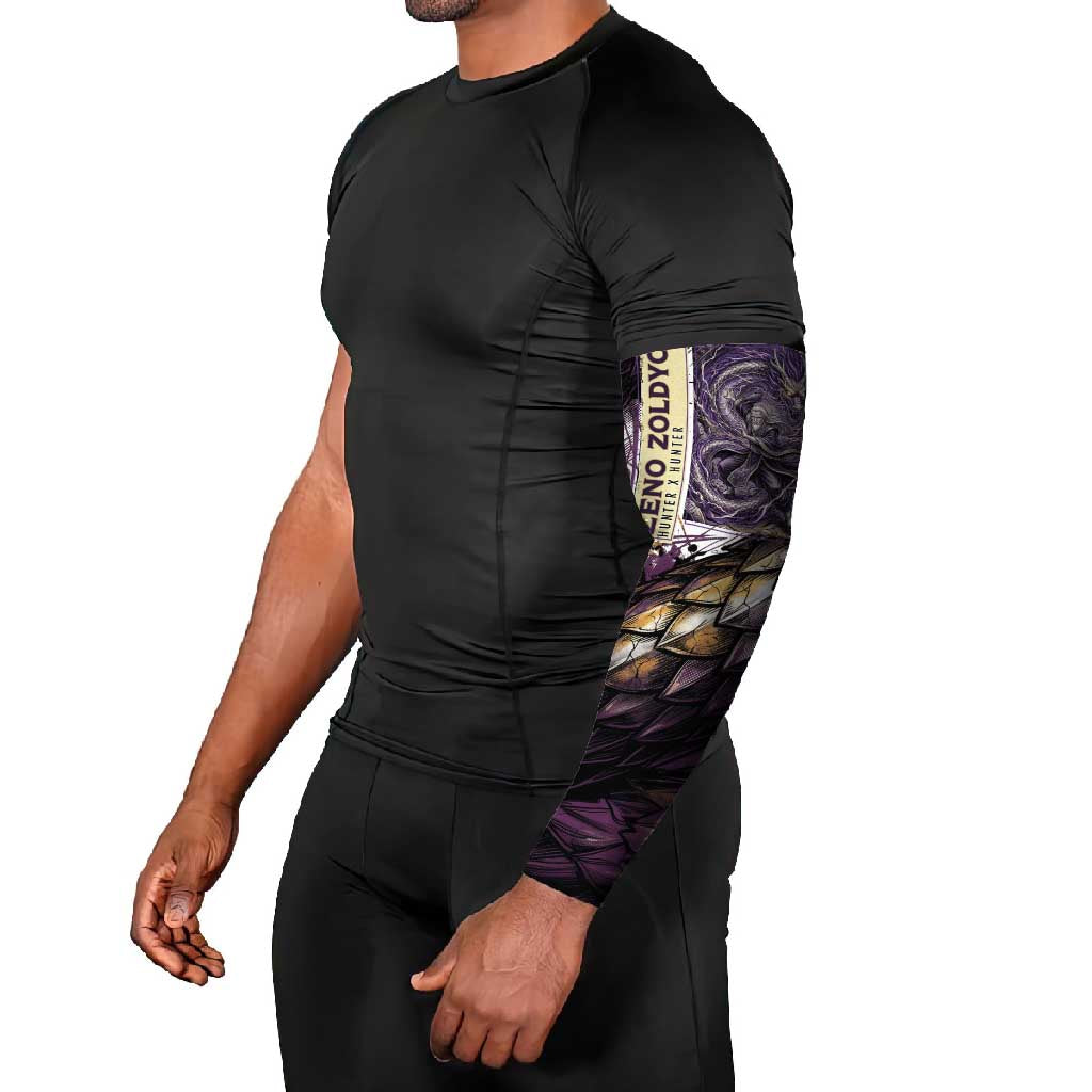 Zeno Zoldyck Theme White and Purple Dragon Aura Design Arm Sleeves with Dark Energy Card Artwork - The Mazicc