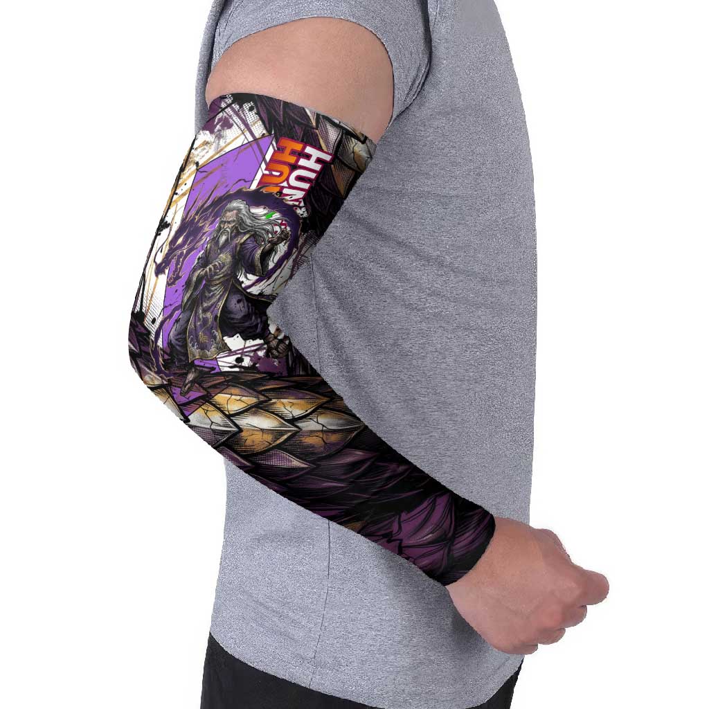 Zeno Zoldyck Theme White and Purple Dragon Aura Design Arm Sleeves with Dark Energy Card Artwork - The Mazicc