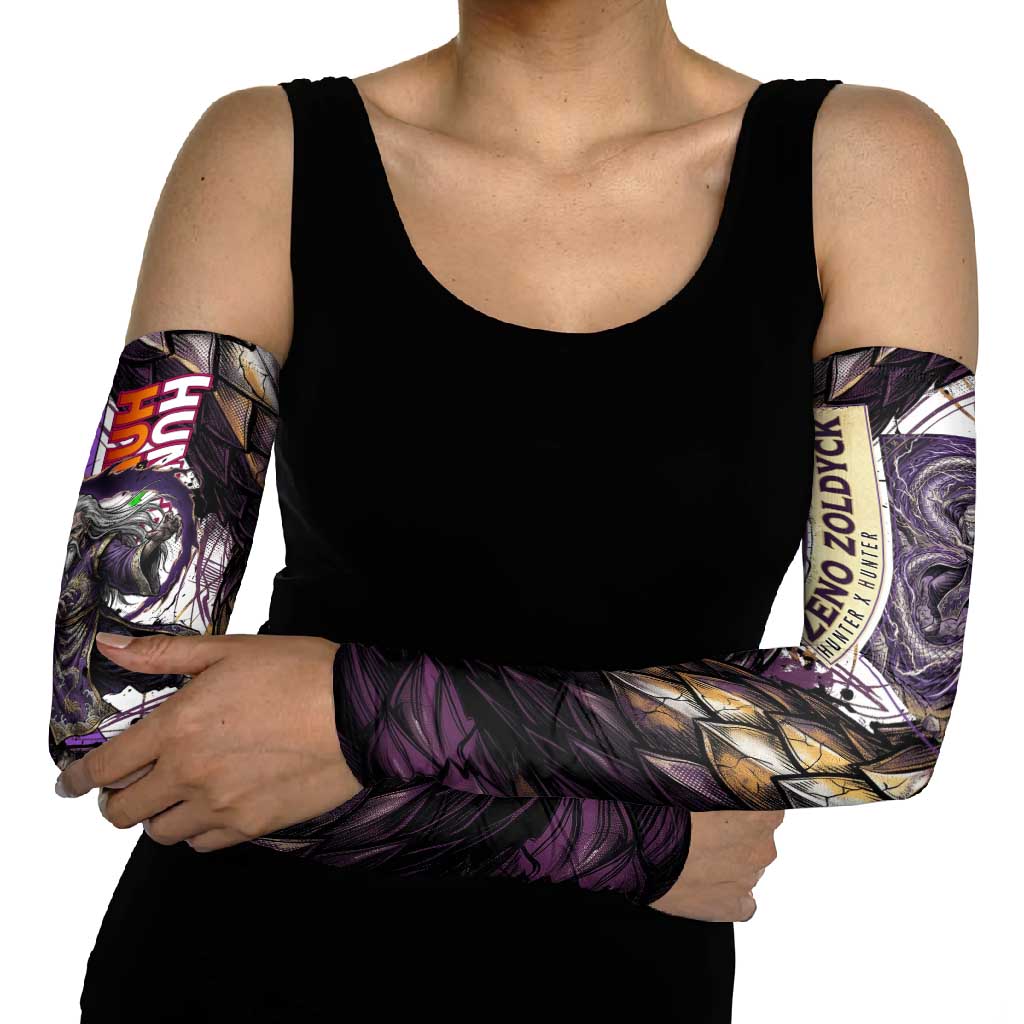 Zeno Zoldyck Theme White and Purple Dragon Aura Design Arm Sleeves with Dark Energy Card Artwork - The Mazicc