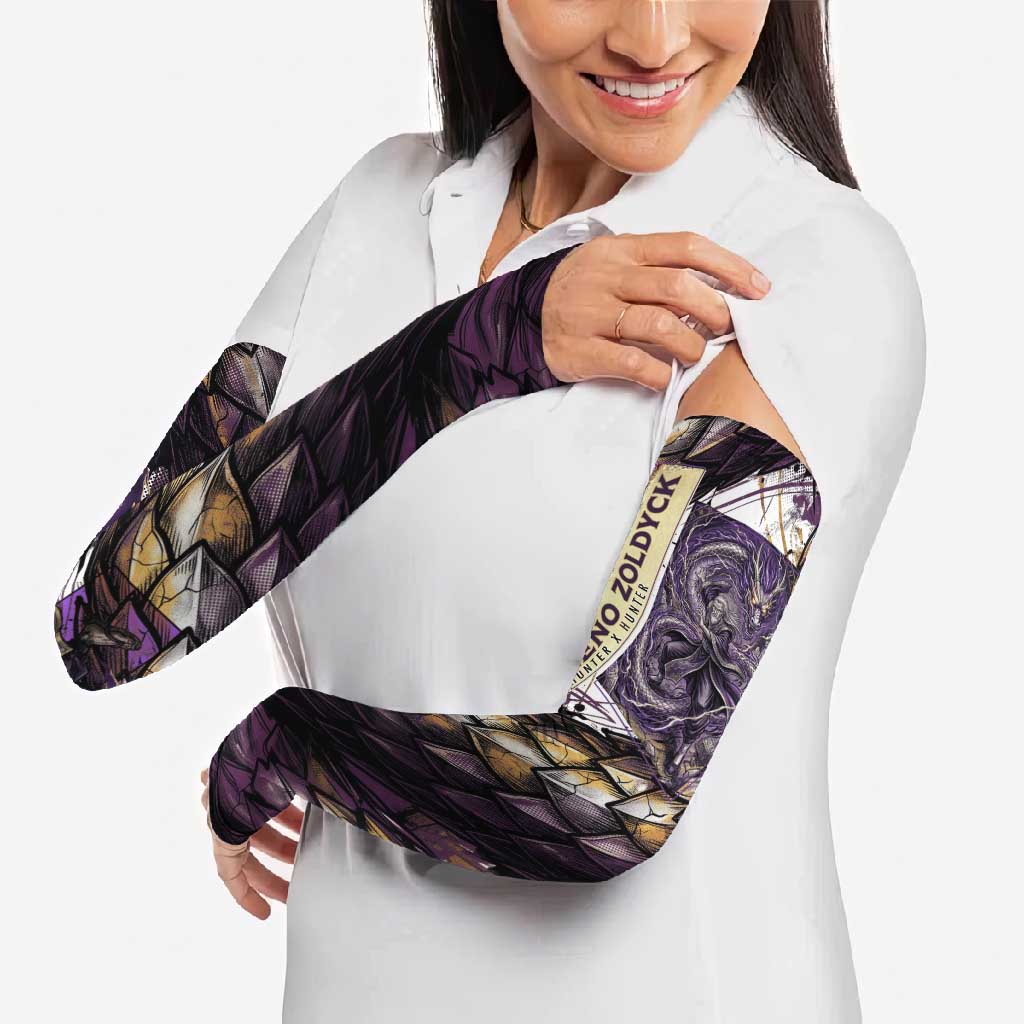 Zeno Zoldyck Theme White and Purple Dragon Aura Design Arm Sleeves with Dark Energy Card Artwork - The Mazicc