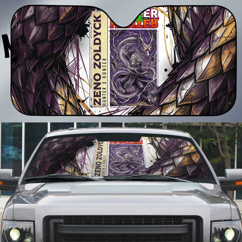 Zeno Zoldyck Theme White and Purple Dragon Aura Design Auto Sun Shade with Dark Energy Card Artwork - The Mazicc
