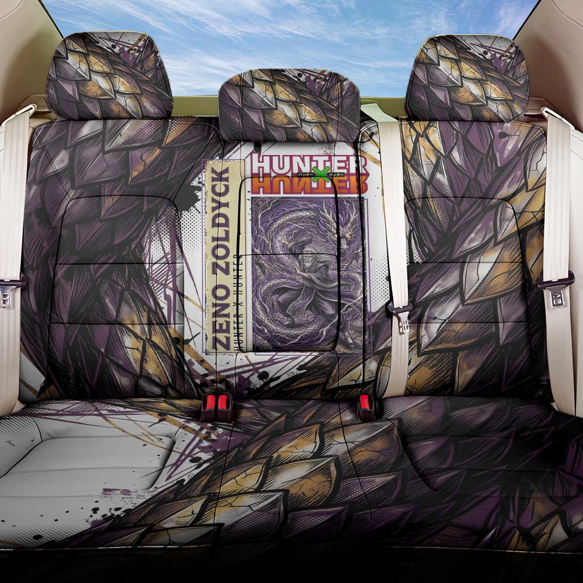 Zeno Zoldyck Theme White and Purple Dragon Aura Design Back Car Seat Cover with Dark Energy Card Artwork - The Mazicc