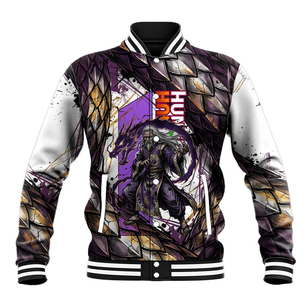 Zeno Zoldyck Theme White and Purple Dragon Aura Design Baseball Jacket with Dark Energy Card Artwork - The Mazicc