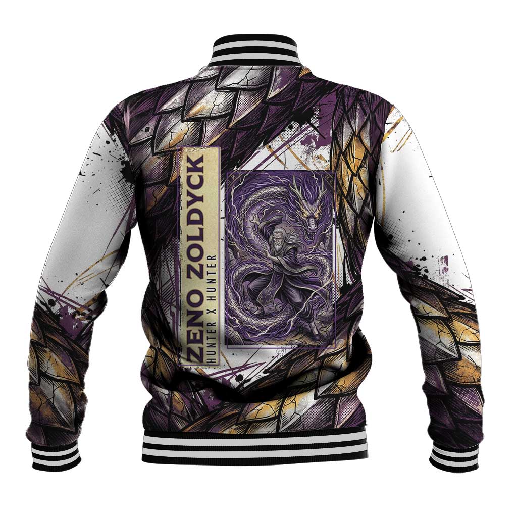 Zeno Zoldyck Theme White and Purple Dragon Aura Design Baseball Jacket with Dark Energy Card Artwork - The Mazicc