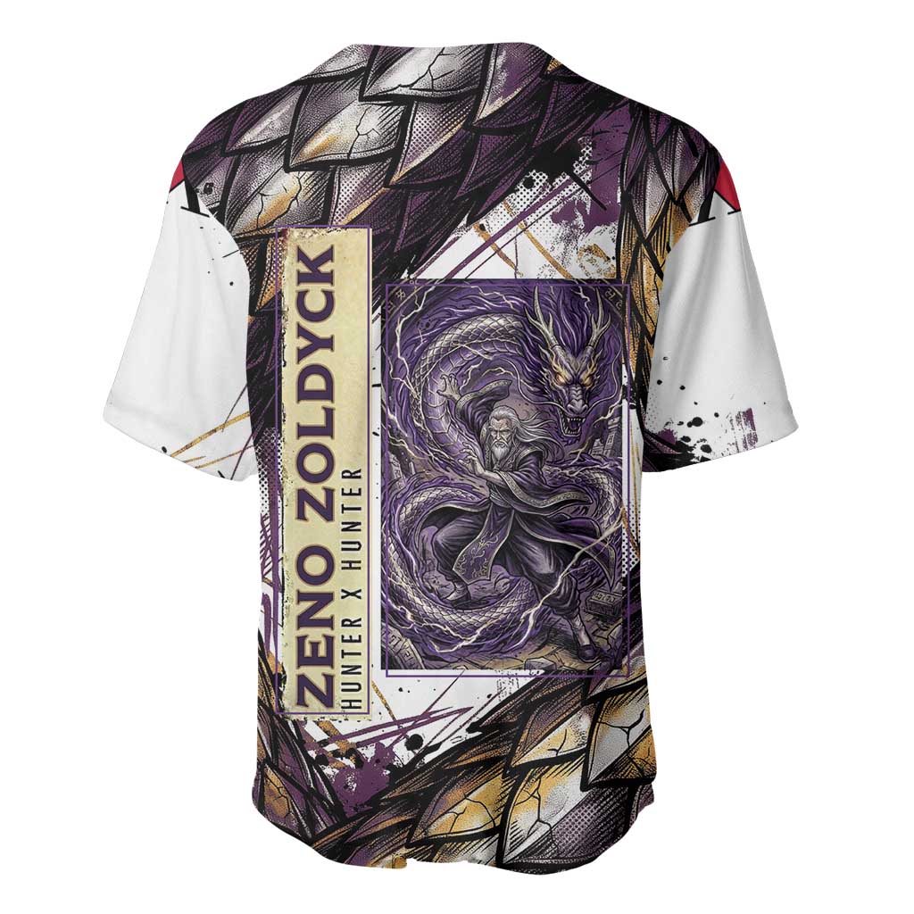Zeno Zoldyck Theme White and Purple Dragon Aura Design Baseball Jersey with Dark Energy Card Artwork - The Mazicc