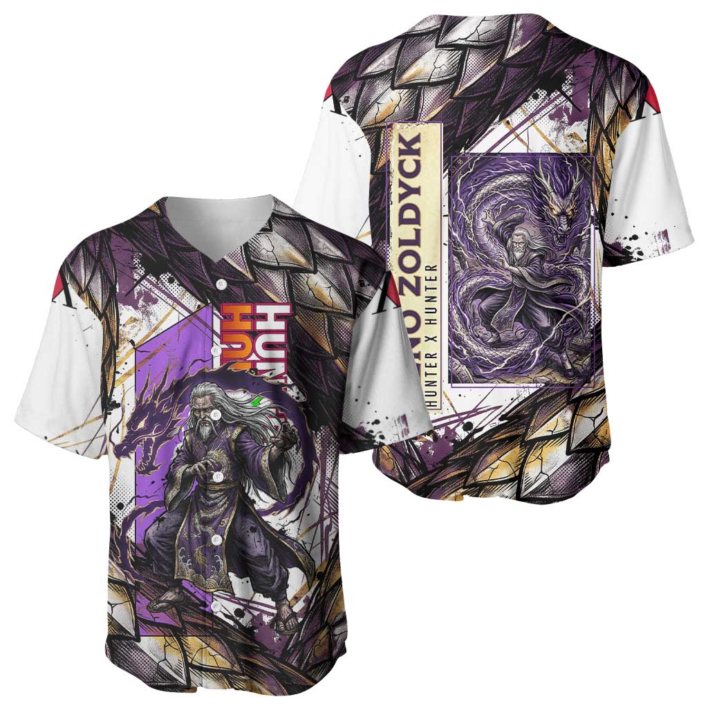 Zeno Zoldyck Theme White and Purple Dragon Aura Design Baseball Jersey with Dark Energy Card Artwork - The Mazicc