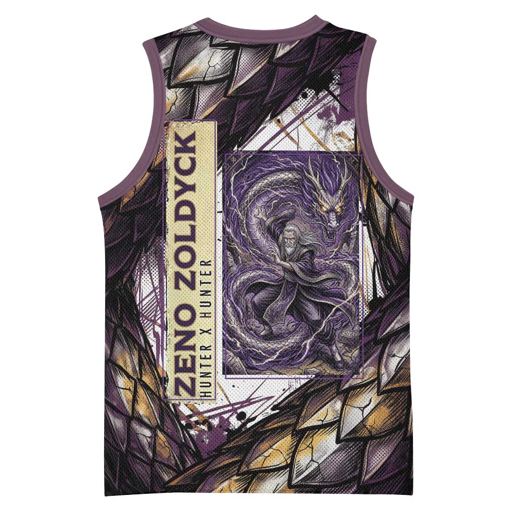 Zeno Zoldyck Theme White and Purple Dragon Aura Design Basketball Jersey with Dark Energy Card Artwork - The Mazicc