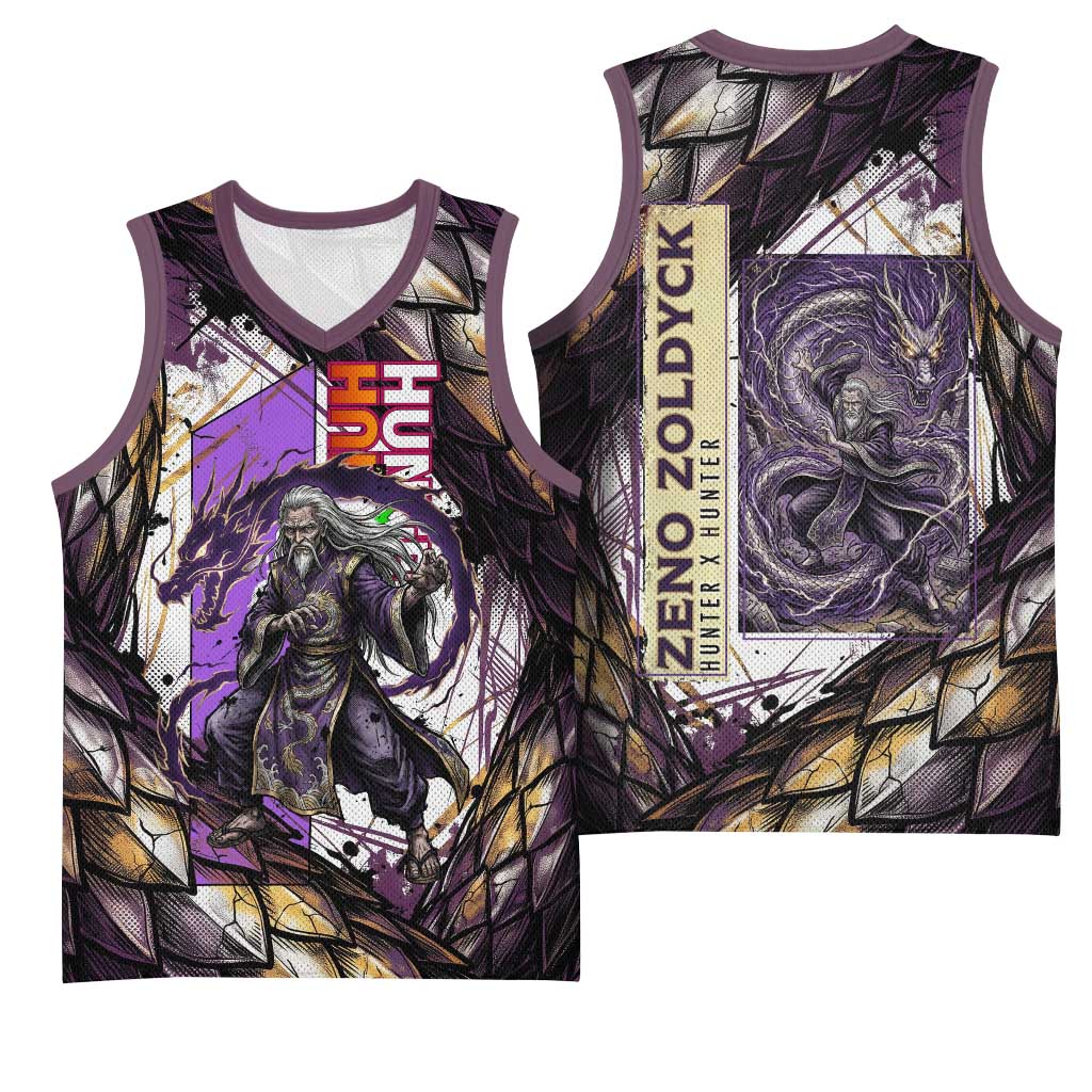 Zeno Zoldyck Theme White and Purple Dragon Aura Design Basketball Jersey with Dark Energy Card Artwork - The Mazicc