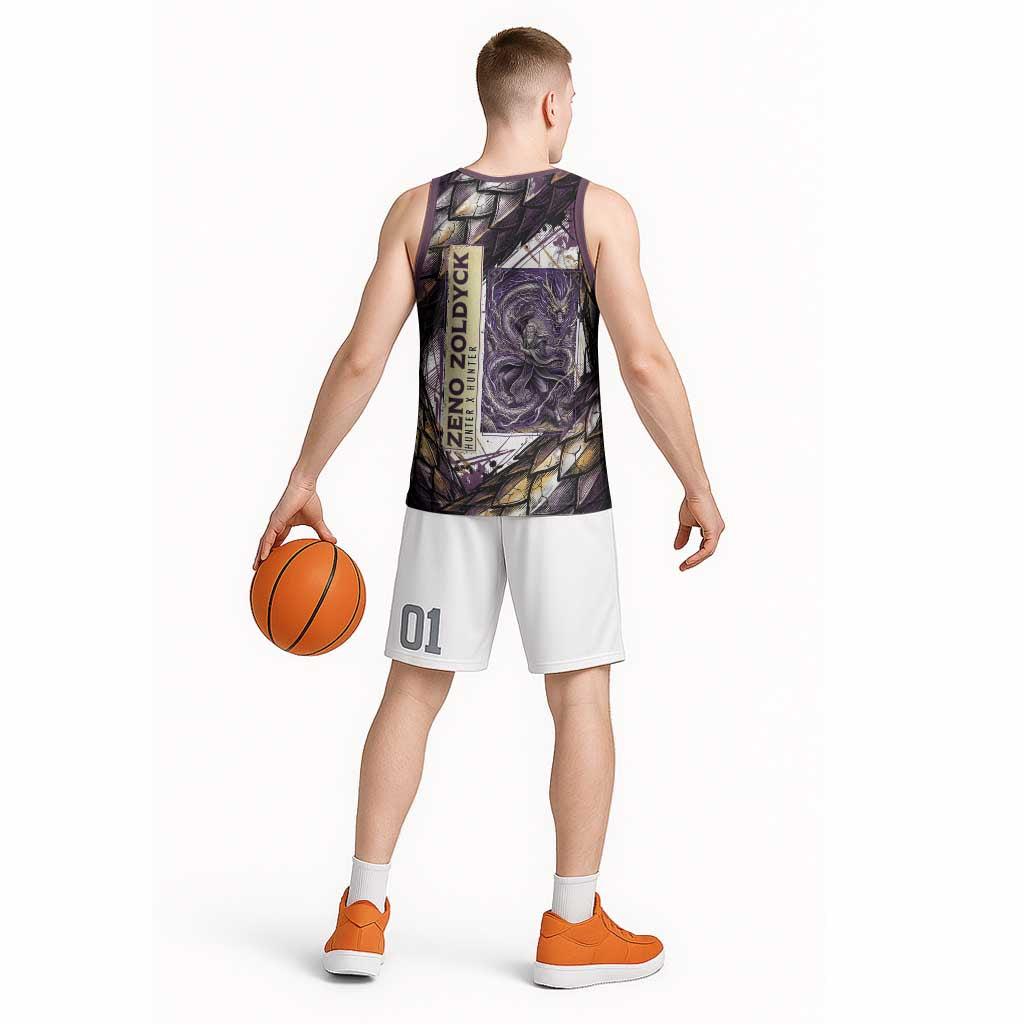Zeno Zoldyck Theme White and Purple Dragon Aura Design Basketball Jersey with Dark Energy Card Artwork - The Mazicc