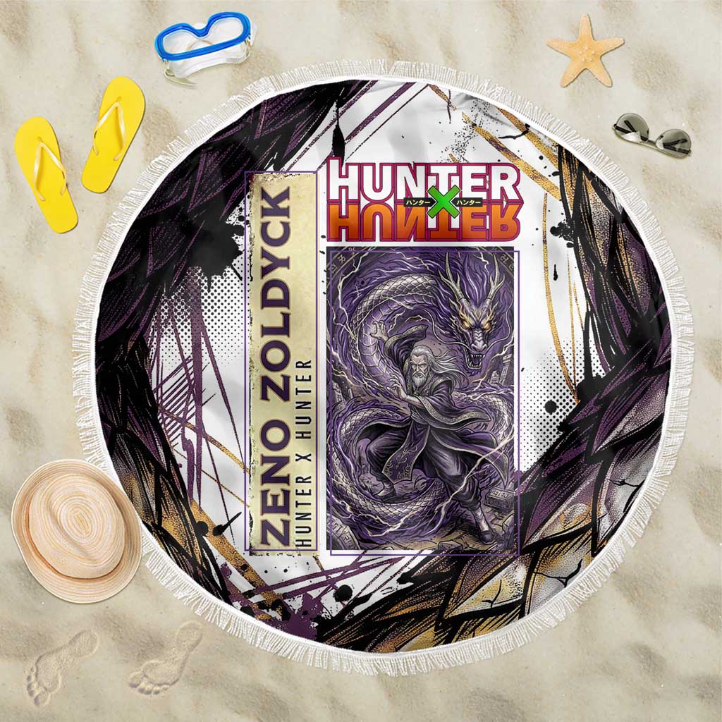 Zeno Zoldyck Theme White and Purple Dragon Aura Design Beach Blanket with Dark Energy Card Artwork - The Mazicc
