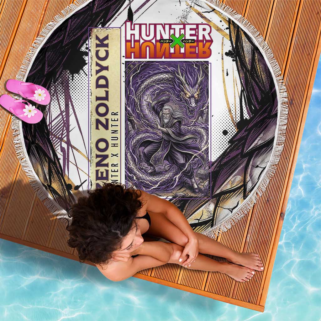 Zeno Zoldyck Theme White and Purple Dragon Aura Design Beach Blanket with Dark Energy Card Artwork - The Mazicc