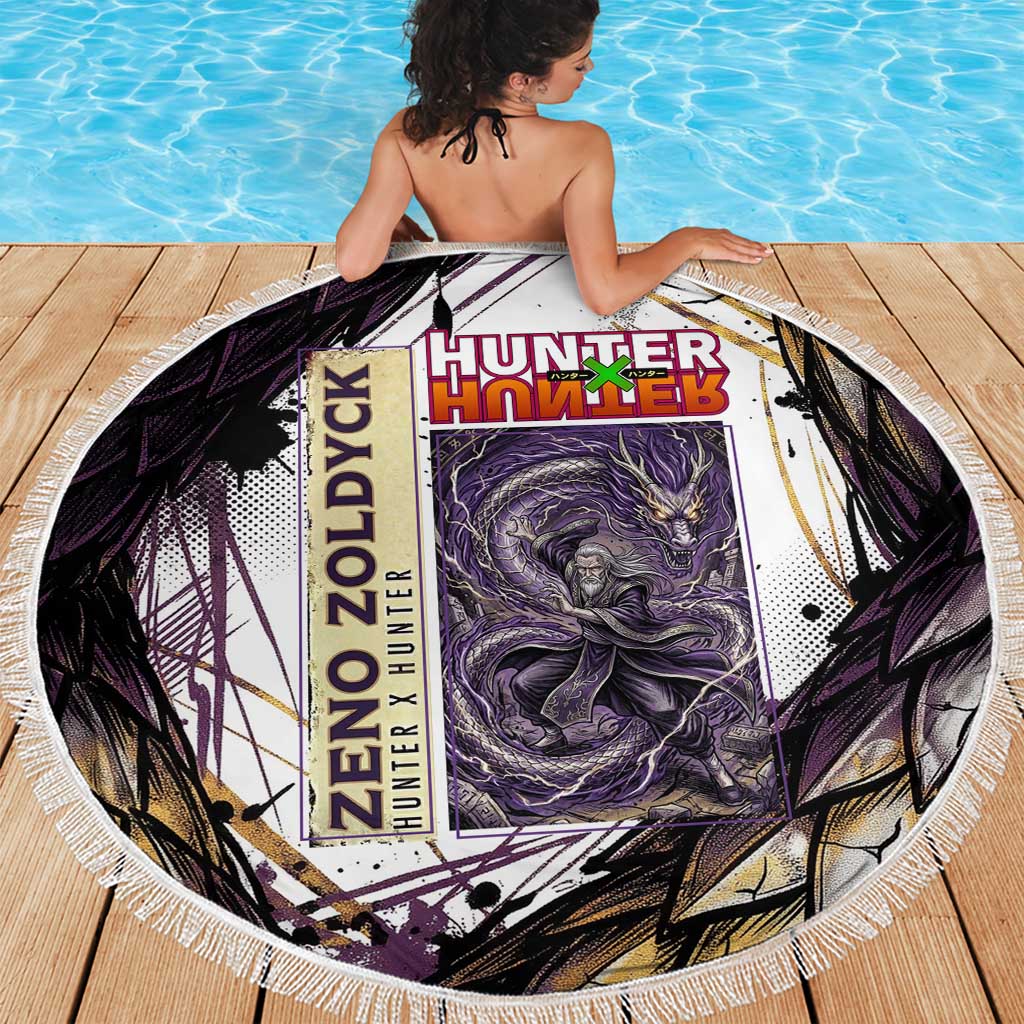 Zeno Zoldyck Theme White and Purple Dragon Aura Design Beach Blanket with Dark Energy Card Artwork - The Mazicc