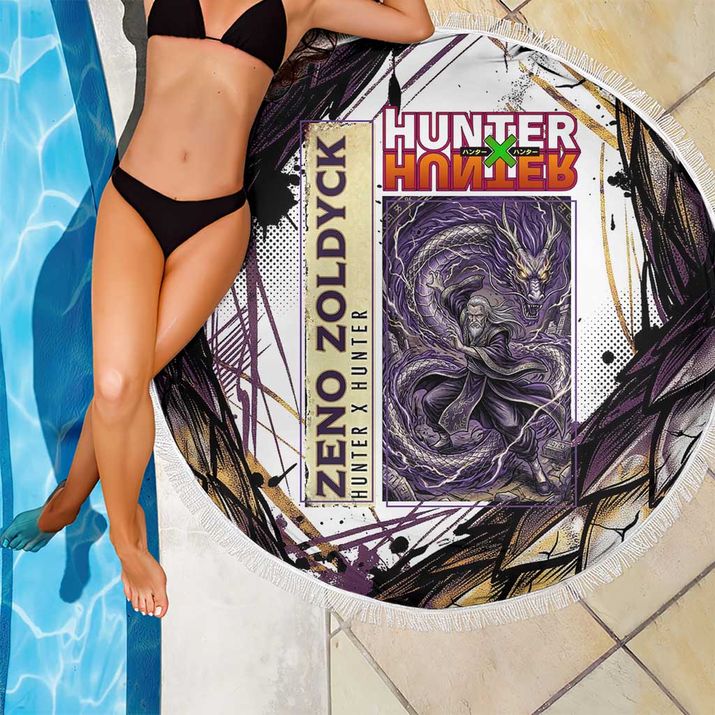 Zeno Zoldyck Theme White and Purple Dragon Aura Design Beach Blanket with Dark Energy Card Artwork - The Mazicc