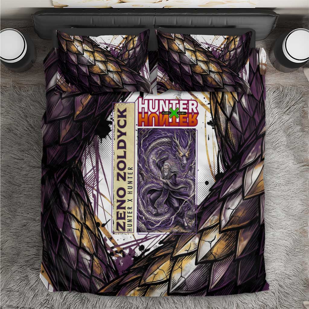 Zeno Zoldyck Theme White and Purple Dragon Aura Design Bedding Set with Dark Energy Card Artwork - The Mazicc