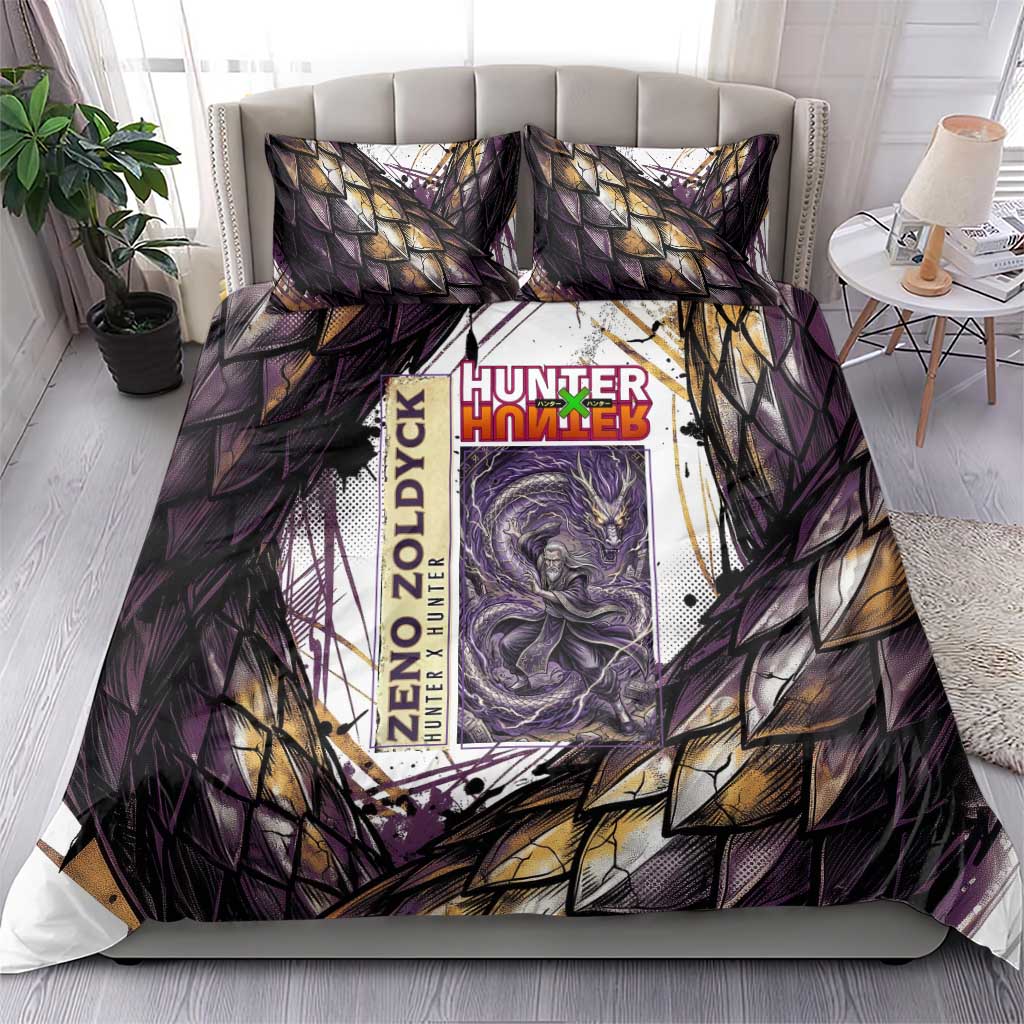Zeno Zoldyck Theme White and Purple Dragon Aura Design Bedding Set with Dark Energy Card Artwork - The Mazicc