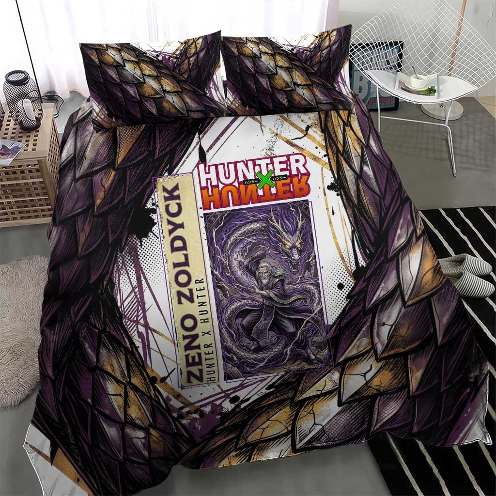 Zeno Zoldyck Theme White and Purple Dragon Aura Design Bedding Set with Dark Energy Card Artwork - The Mazicc