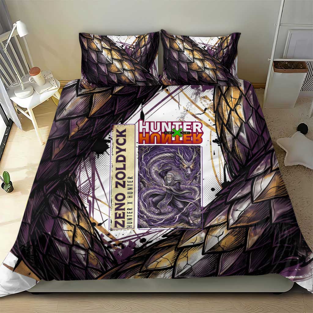 Zeno Zoldyck Theme White and Purple Dragon Aura Design Bedding Set with Dark Energy Card Artwork - The Mazicc
