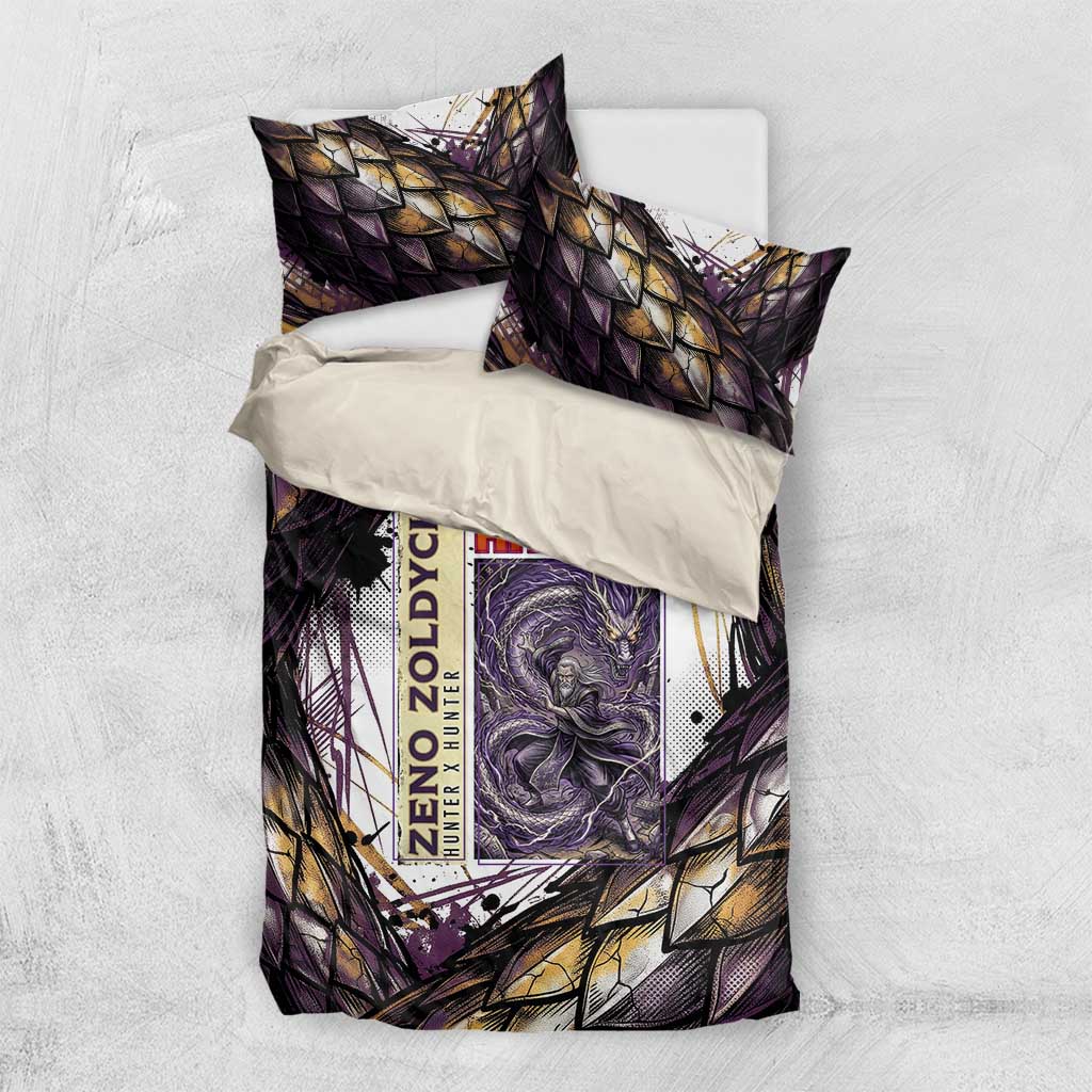 Zeno Zoldyck Theme White and Purple Dragon Aura Design Bedding Set with Dark Energy Card Artwork - The Mazicc