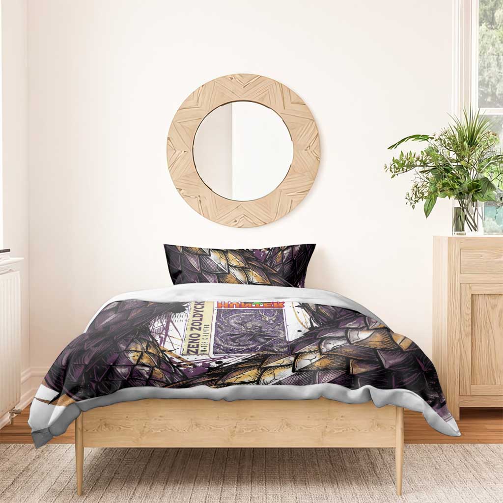 Zeno Zoldyck Theme White and Purple Dragon Aura Design Bedding Set with Dark Energy Card Artwork - The Mazicc