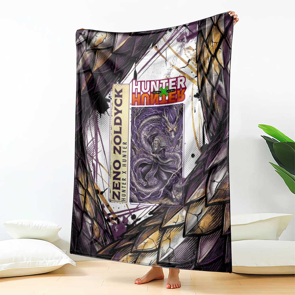 Zeno Zoldyck Theme White and Purple Dragon Aura Design Blanket with Dark Energy Card Artwork - The Mazicc