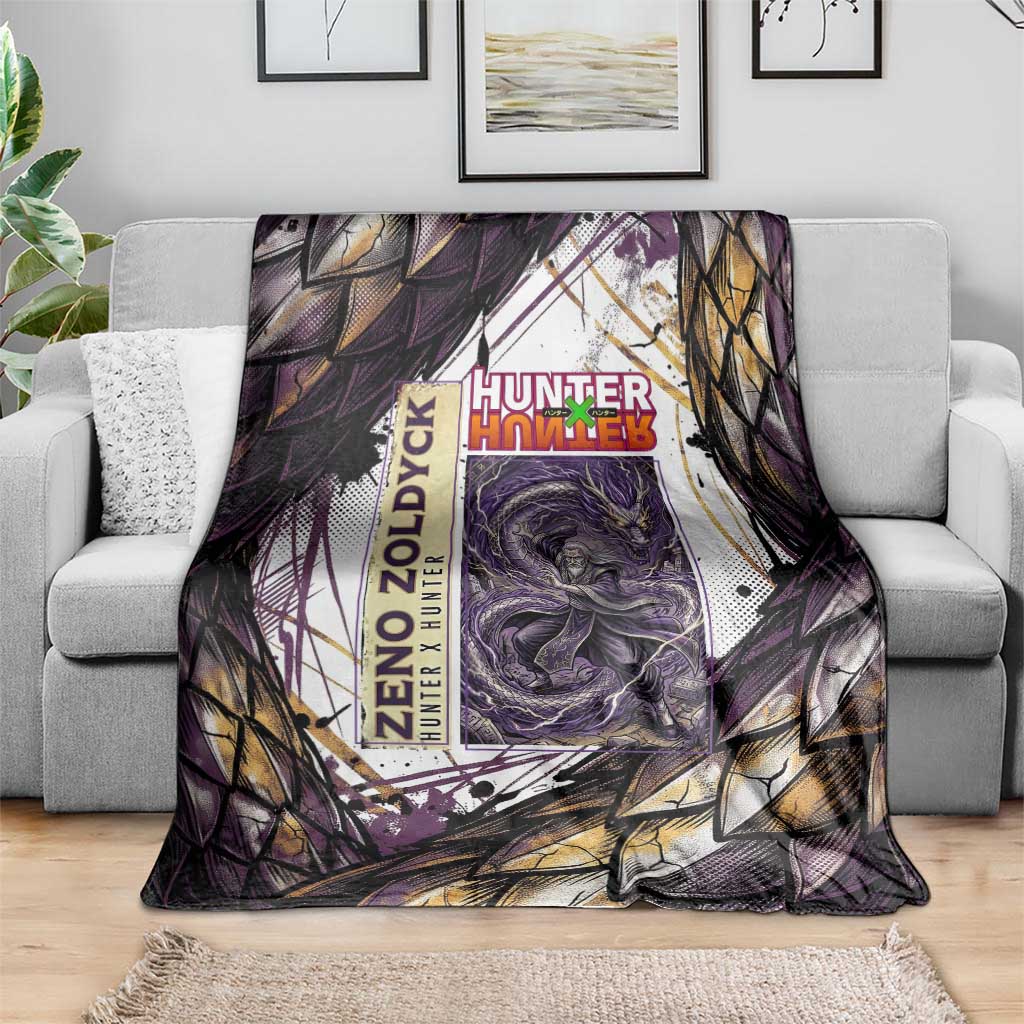 Zeno Zoldyck Theme White and Purple Dragon Aura Design Blanket with Dark Energy Card Artwork - The Mazicc