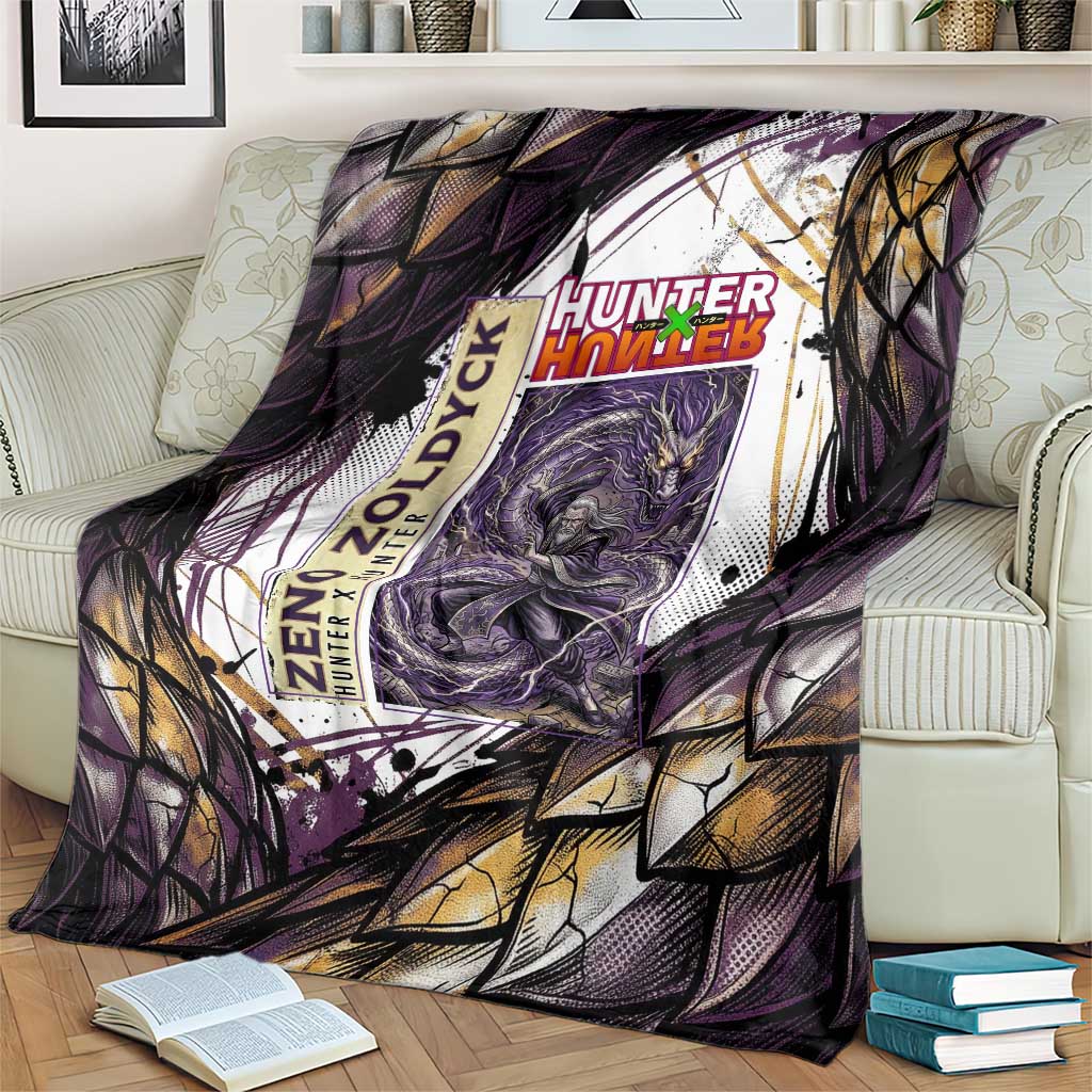 Zeno Zoldyck Theme White and Purple Dragon Aura Design Blanket with Dark Energy Card Artwork - The Mazicc