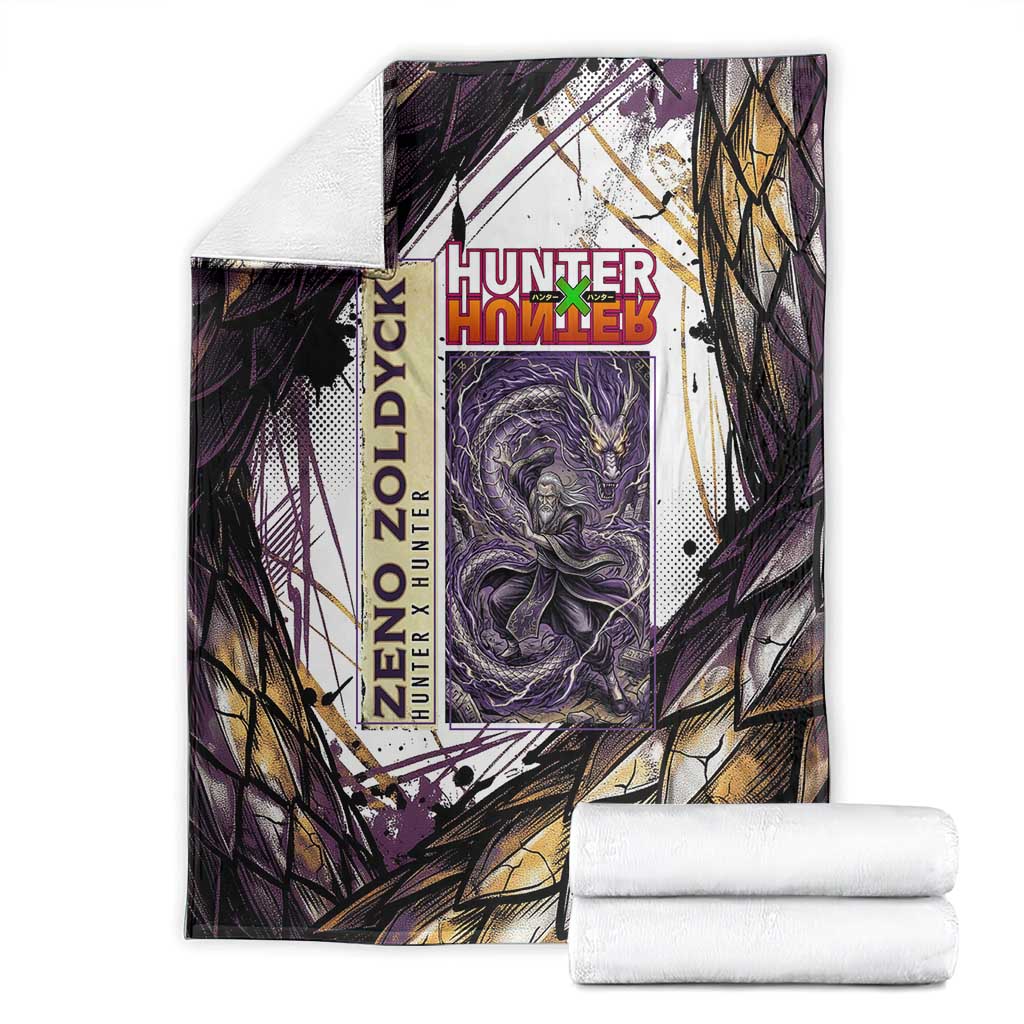 Zeno Zoldyck Theme White and Purple Dragon Aura Design Blanket with Dark Energy Card Artwork - The Mazicc