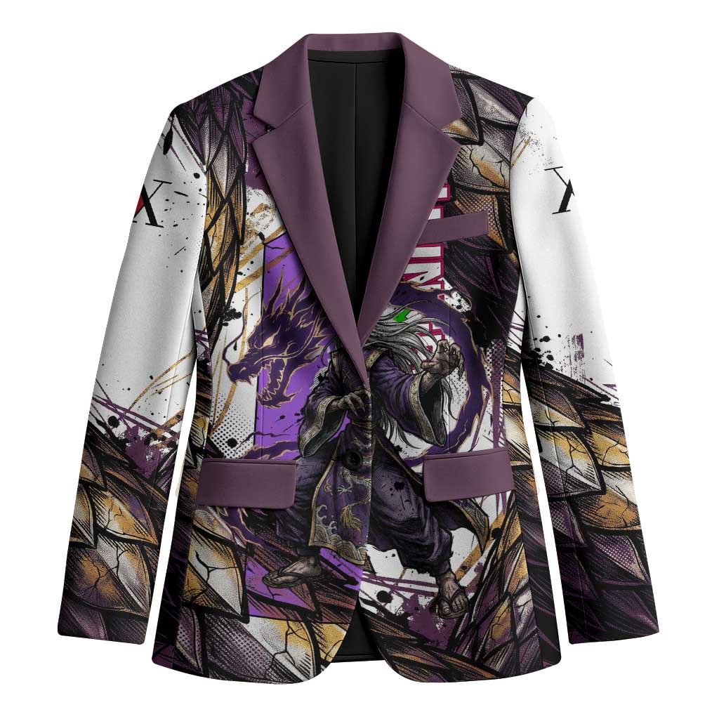 Zeno Zoldyck Theme White and Purple Dragon Aura Design Blazer with Dark Energy Card Artwork - The Mazicc