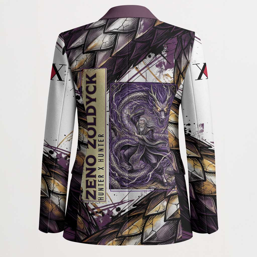 Zeno Zoldyck Theme White and Purple Dragon Aura Design Blazer with Dark Energy Card Artwork - The Mazicc